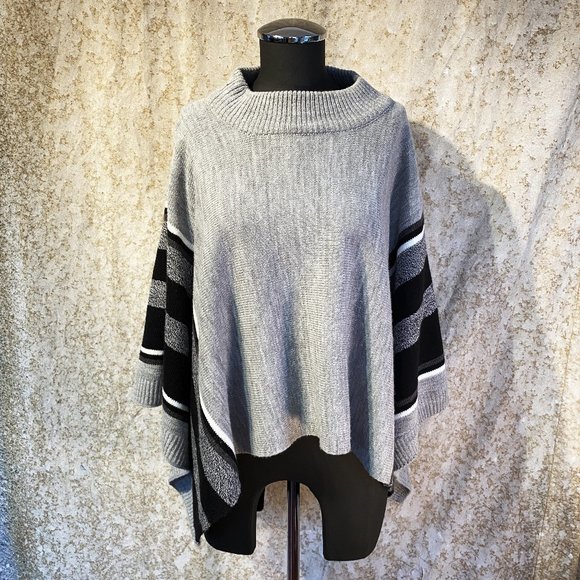 The Limited Sweaters - The Limited Grey Striped Poncho - One Size Fits Most